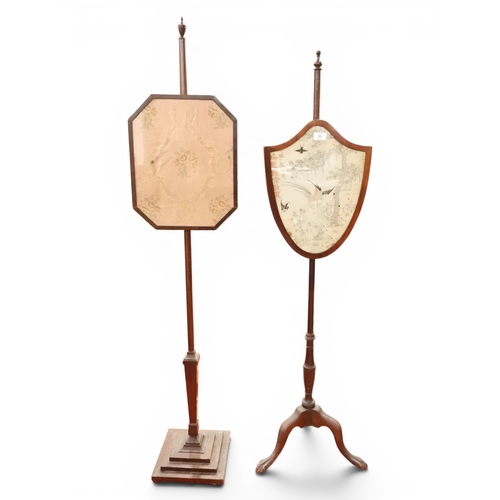 31 - A lot comprising a 19th century mahogany framed pole shield form pole screen with needle point scree...