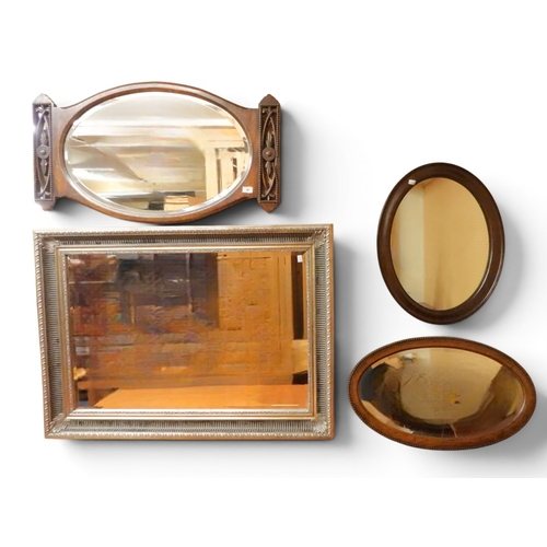 38 - A lot comprising silver gilt framed bevelled glass wall mirror, 79cm high x 110cm wide, oak framed o...