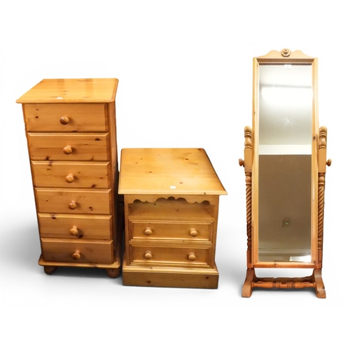 46 - A lot comprising a 20th century pine narrow chest of drawers with six drawers on bun feet, 108cm hig...