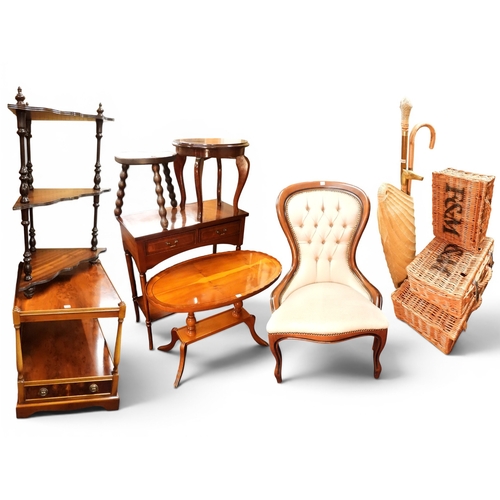 51 - A large mixed lot to comprise of yew wood veneered two tier lamp table, three tier corned whatnot, b...