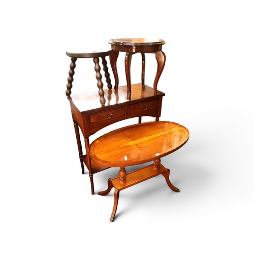 51 - A large mixed lot to comprise of yew wood veneered two tier lamp table, three tier corned whatnot, b...