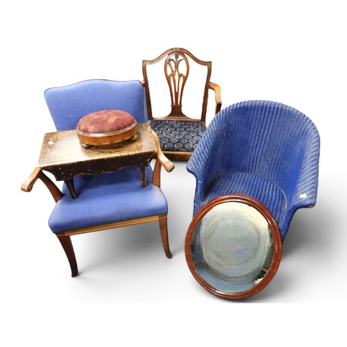 54 - A lot comprising a beech framed blue upholstered open armchair, Victorian button form stool, oak wor...