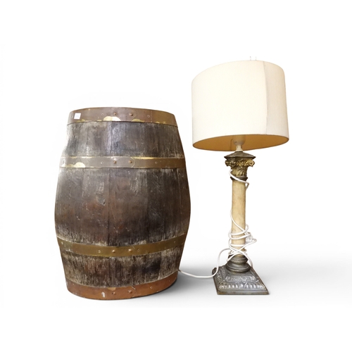 25A - A lot comprising a small cooper firkin/barrel and a 20th century table lamp with stoneware base fash...