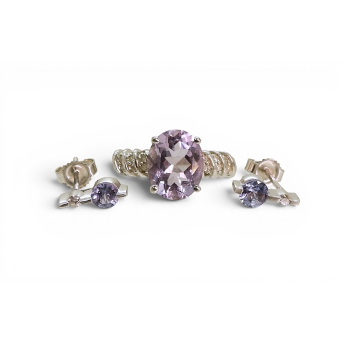 A 9ct white gold QVC branded Rose De France amethyst and diamond ring ...