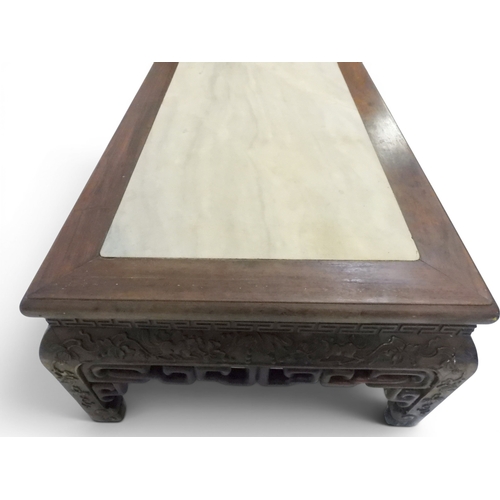 2005 - A LATE 19TH CENTURY CHINESE ROSEWOOD FRAMED OPIUM/COFFEE TABLE with rectangular marble inset top ove... 