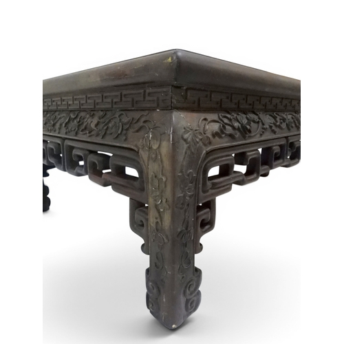 2005 - A LATE 19TH CENTURY CHINESE ROSEWOOD FRAMED OPIUM/COFFEE TABLE with rectangular marble inset top ove... 