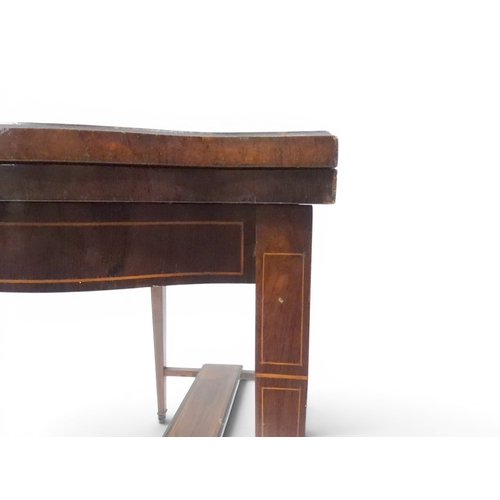 2016 - A VICTORIAN ROSEWOOD AND SATINWOOD INLAID FOLD-OVER CARD TABLE&nbsp;shaped top concealing baize line... 