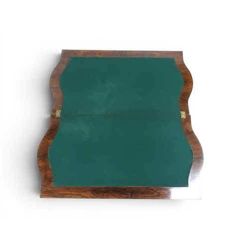 2016 - A VICTORIAN ROSEWOOD AND SATINWOOD INLAID FOLD-OVER CARD TABLE&nbsp;shaped top concealing baize line... 
