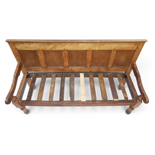 2021 - AN 18TH CENTURY OAK FIVE PANEL BACK SETTLEwith shaped scroll arms flanking later upholstered drop in... 