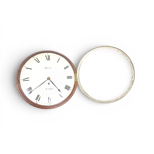 2019 - A 19TH CENTURY MAHOGANY CASED HICK, YORK FUSEE STATION STYLE WALL CLOCK with white painted dial bear... 