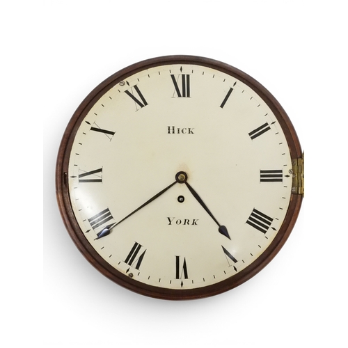 2019 - A 19TH CENTURY MAHOGANY CASED HICK, YORK FUSEE STATION STYLE WALL CLOCK with white painted dial bear... 