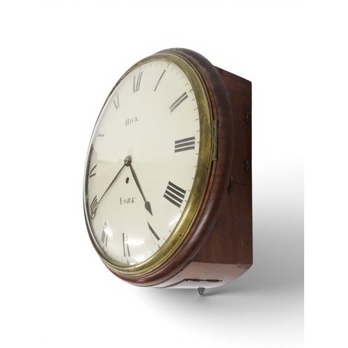 2019 - A 19TH CENTURY MAHOGANY CASED HICK, YORK FUSEE STATION STYLE WALL CLOCK with white painted dial bear... 