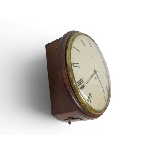 2019 - A 19TH CENTURY MAHOGANY CASED HICK, YORK FUSEE STATION STYLE WALL CLOCK with white painted dial bear... 