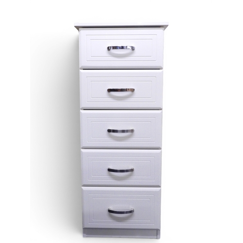 30 - A narrow contemporary white painted chest of drawers with five long drawers on plinth base, 123cm hi... 