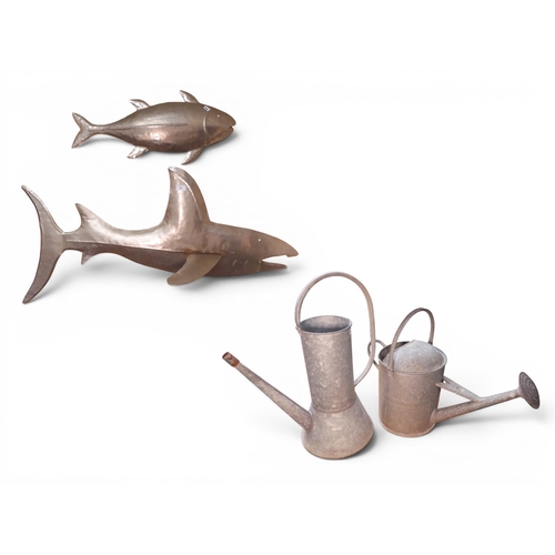 42 - A lot comprising two assorted industrial steel wall arts of fish and two assorted metallic watering ... 