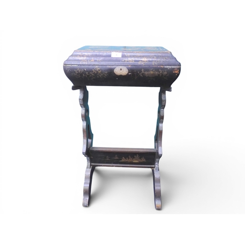 5 - A late 19th/early 20th century gilt black lacquer Chinoiserie style sewing/work table with painted h... 