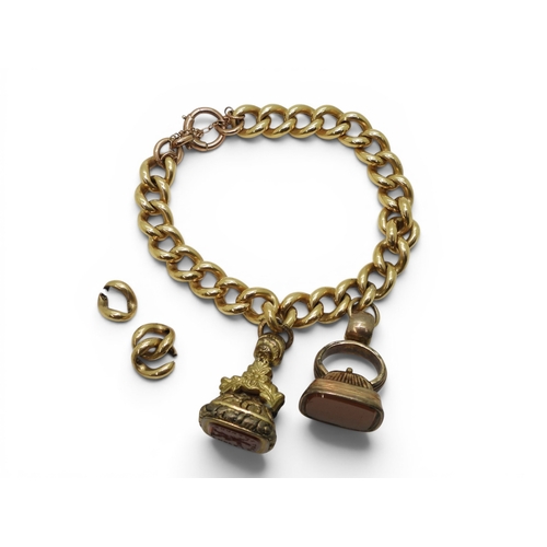 700 - A bright yellow metal curb chain bracelet, with a 9ct rose gold clasp and two attached Georgian fob ... 