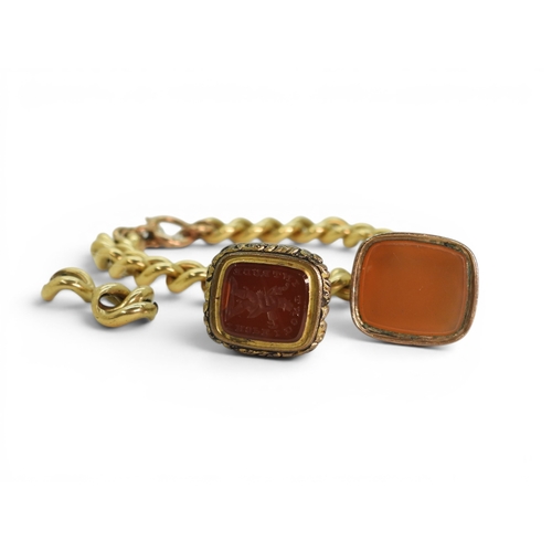 700 - A bright yellow metal curb chain bracelet, with a 9ct rose gold clasp and two attached Georgian fob ... 