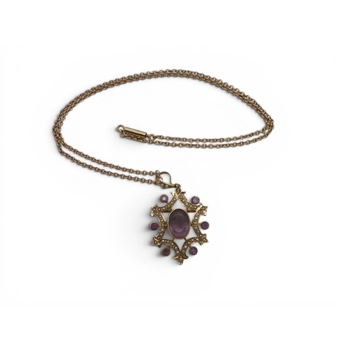 710 - A 9ct gold Edwardian amethyst and pearl pendant/brooch, length 4cm, together with a 45cm yellow meta... 