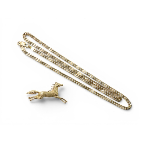 715 - A 9ct gold horse brooch, together with an Italian made  9ct gold 46cm curb chain, weight combined 7.... 