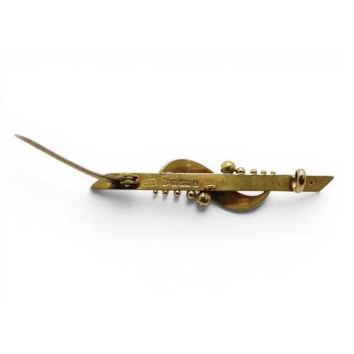 716 - A 15ct gold bar brooch length 4.8cm, weight 2.4gms, together with a 9ct gold brooch in the shape of ... 