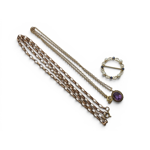 717 - A 9ct gold pearl and sapphire brooch by Cropp & Farr, two 9ct gold chains one with an amethyst p... 
