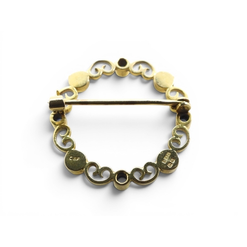 717 - A 9ct gold pearl and sapphire brooch by Cropp & Farr, two 9ct gold chains one with an amethyst p... 