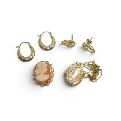 718 - 9ct items to include a cameo brooch, a locket and two pairs of earrings, weight all together 8.4gms