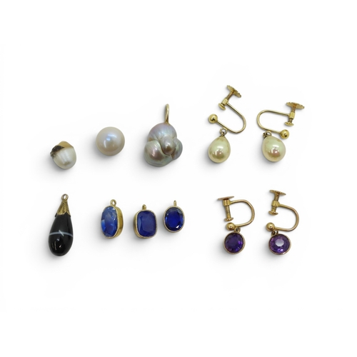 722 - A collection of gold and yellow metal mounted items to include;- a pair of 9ct amethyst earrings by ... 