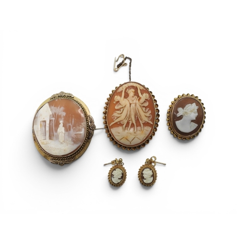 733 - Two 9ct gold cameo brooches with similar earrings, weight combined 15.7gms, together with a yellow m... 