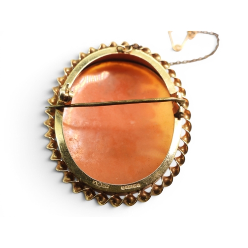 733 - Two 9ct gold cameo brooches with similar earrings, weight combined 15.7gms, together with a yellow m... 