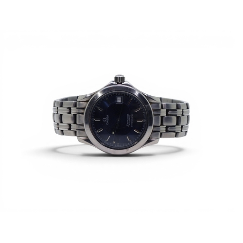 735 - A stainless steel Omega Seamaster, Automatic, Chronometer, with metallic blue wavy pattern dial, and... 