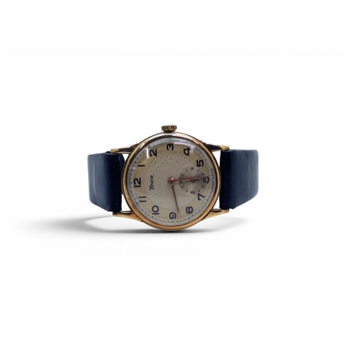 736 - A 9ct gold gents Timor watch, inscribed verso, with black leather strap.