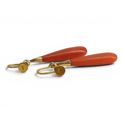 737 - A string of coral beads with a 9ct gold clasp, length 56cm, together with a pair of coral drop earri... 