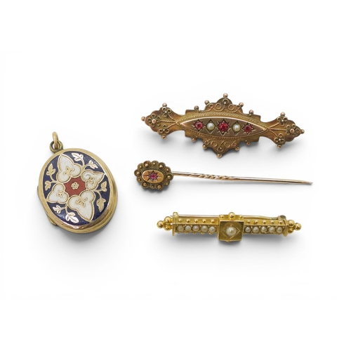 747 - A 15ct gold pearl bar brooch and lapel pin, weight 3.9gms, 9ct brooch and back & front enamelled... 