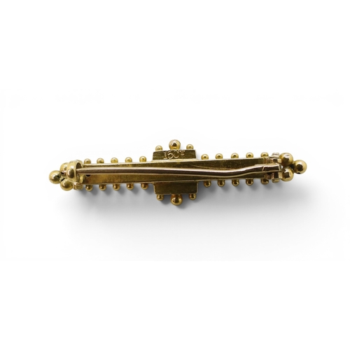 747 - A 15ct gold pearl bar brooch and lapel pin, weight 3.9gms, 9ct brooch and back & front enamelled... 