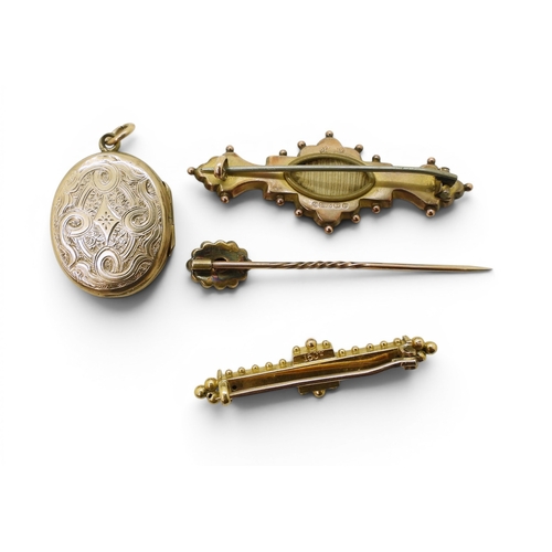 747 - A 15ct gold pearl bar brooch and lapel pin, weight 3.9gms, 9ct brooch and back & front enamelled... 