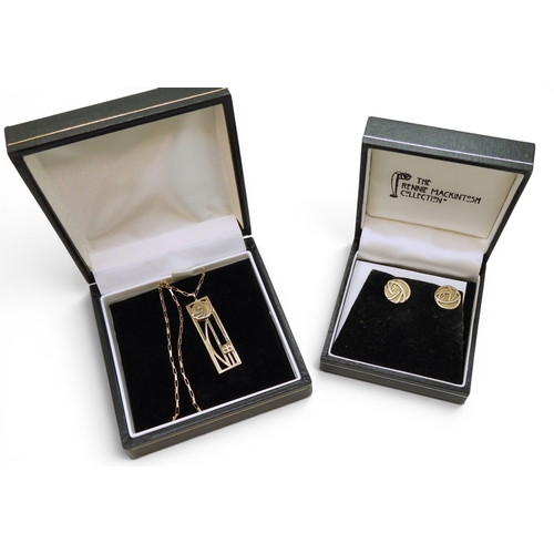 748 - A 9ct gold Mackintosh style pendant on a 9ct 46cm box chain, and a pair of matching earrings, weight... 