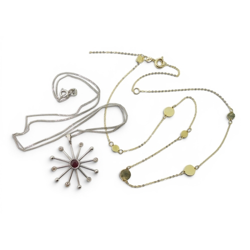 752 - A 9ct white gold ruby and diamond star shaped pendant on a 46cm, fine curb chain, together with a 9c... 