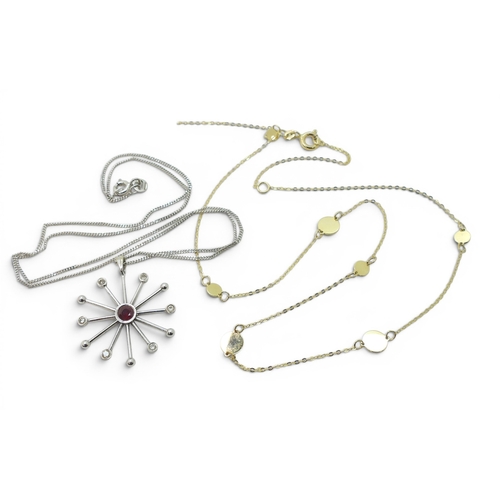 752 - A 9ct white gold ruby and diamond star shaped pendant on a 46cm, fine curb chain, together with a 9c... 