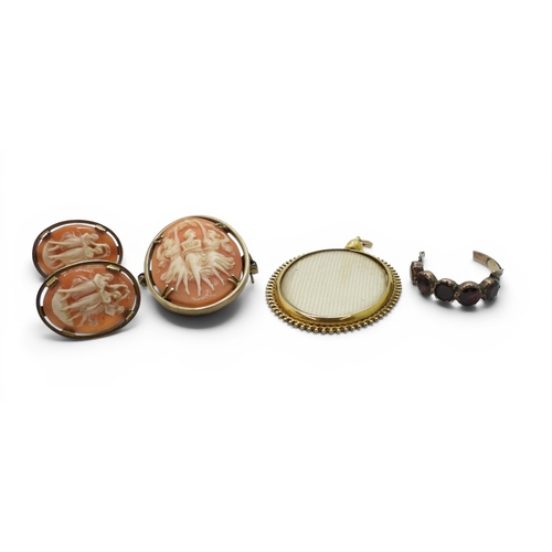 754 - A 9ct gold double sided glass locket, together with a pair of 9ct gold cased cameo earrings, and a p... 