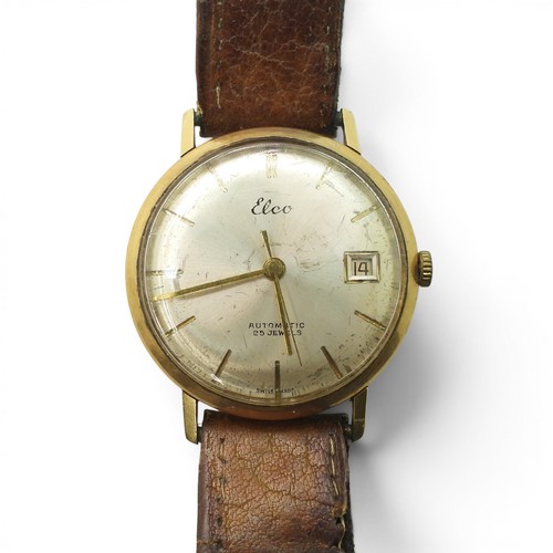 725 - A 14ct gold gents Elco Automatic watch with a brown leather strap, weight including strap and mechan... 