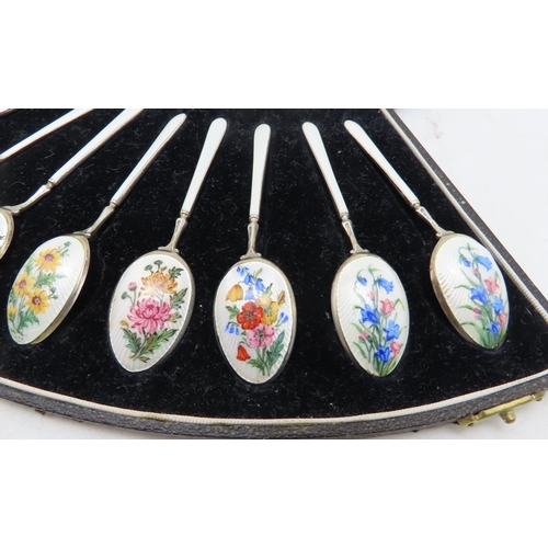 905 - A cased set of guilloche enamel silver teaspoons, by Deakin & Francis, Birmingham 1919 decorated... 