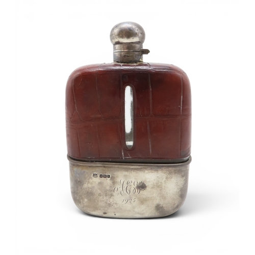 911 - A silver leather glass hip flask, by&nbsp;Frederick C Asman & Co, Sheffield 1924, monogrammed an... 