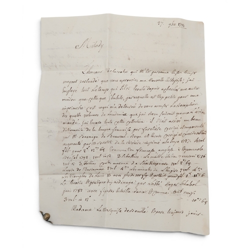 8022 - 18th CENTURY BOOK COLLECTINGA letter addressed to Lady Sabine Winn of Nostell, written in French, fr... 