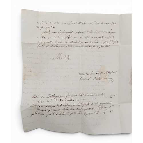 8022 - 18th CENTURY BOOK COLLECTINGA letter addressed to Lady Sabine Winn of Nostell, written in French, fr... 