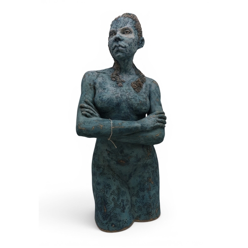 2214 - FRANCES CLARK (SCOTTISH 20THC) - WARRIOR GODDESSceramic bisque fired sculpture of a woman with barna... 