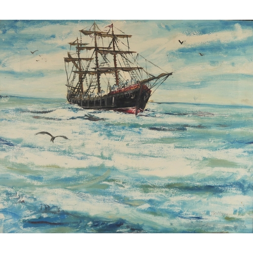 2975 - JOHN BELLANY CBE RSA HRSA (SCOTTISH 1942-2013)SAILING SHIP ON THE OPEN SEA (CIRCA 1963)Oil on canvas... 