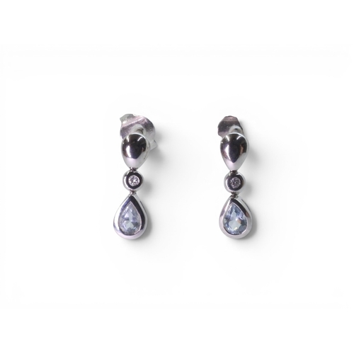 716 - A pair of Platinum aquamarine and diamond earrings, length 13mm, weight 3.5gms