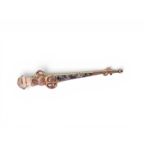 717 - Two 9ct gold sword brooches set with Scottish agates, both with Birmingham hallmarks for 1849, Lengt... 